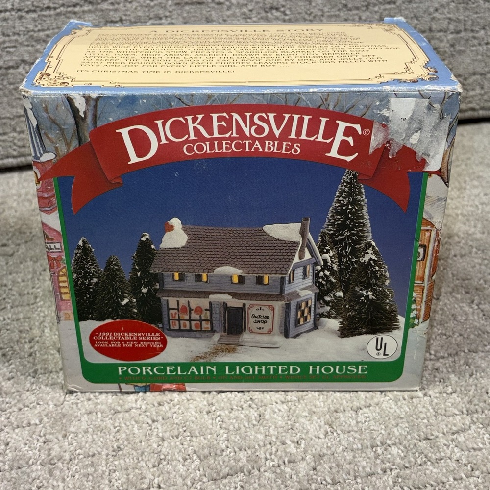Vintage 1989 Dickensville Collectibles Porcelain Lighted Butcher Shop House Box